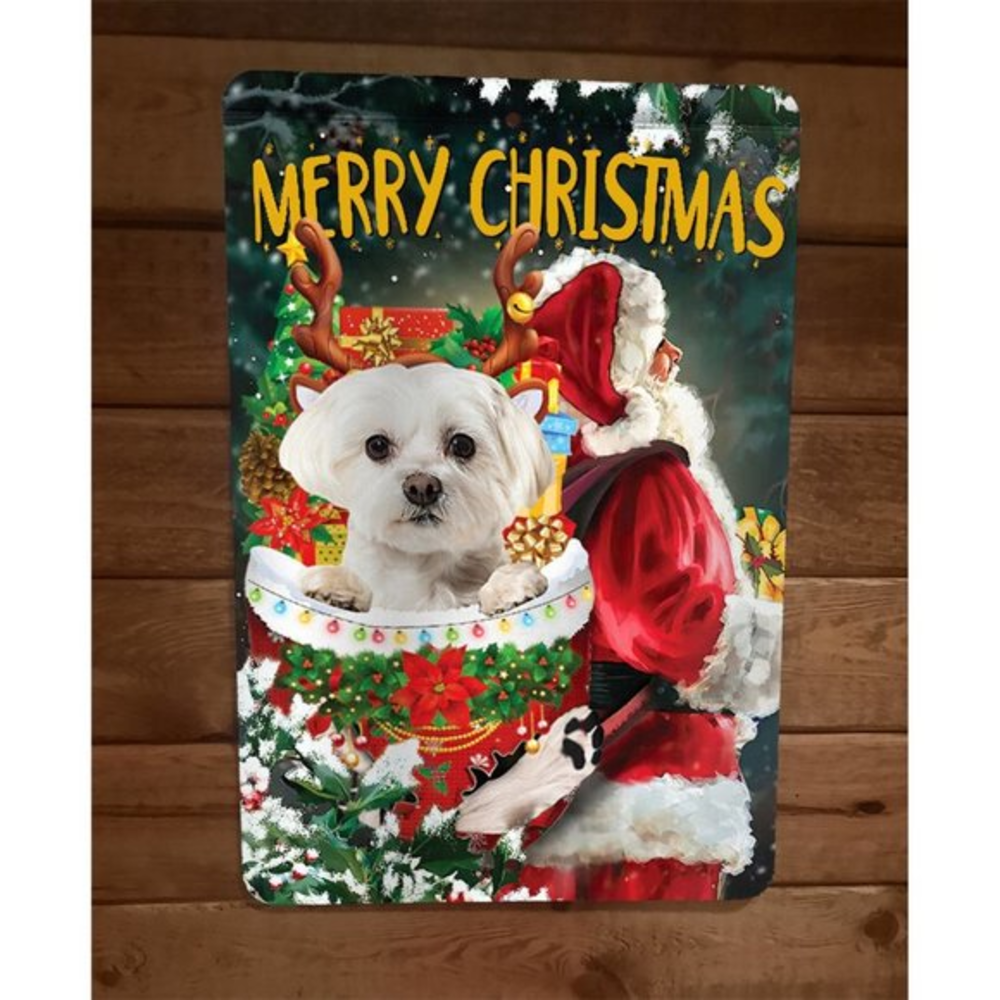 Merry Christmas Maltese Dog Xmas 8x12 Metal Wall Sign Animal Poster #1